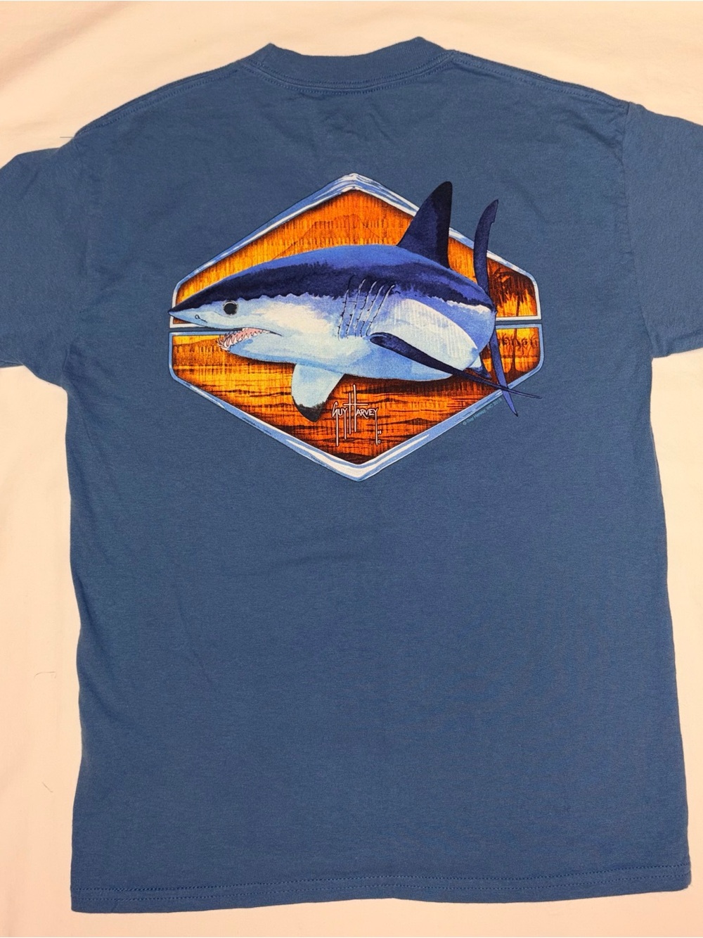 Original artwork drawn and signed by Guy Harvey, shark tee sz M EUC